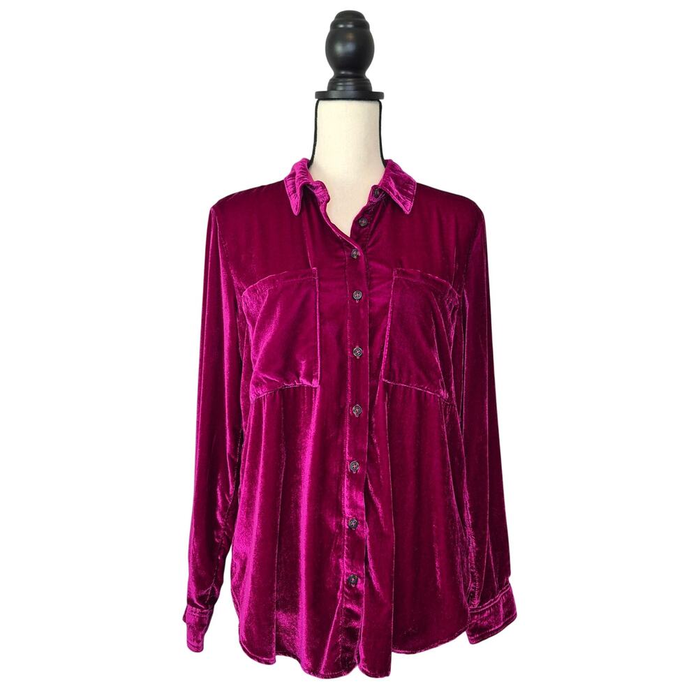 Anthropologie Pilcro Hadley Relaxed Crushed Velvet Button Down Shirt Magenta S